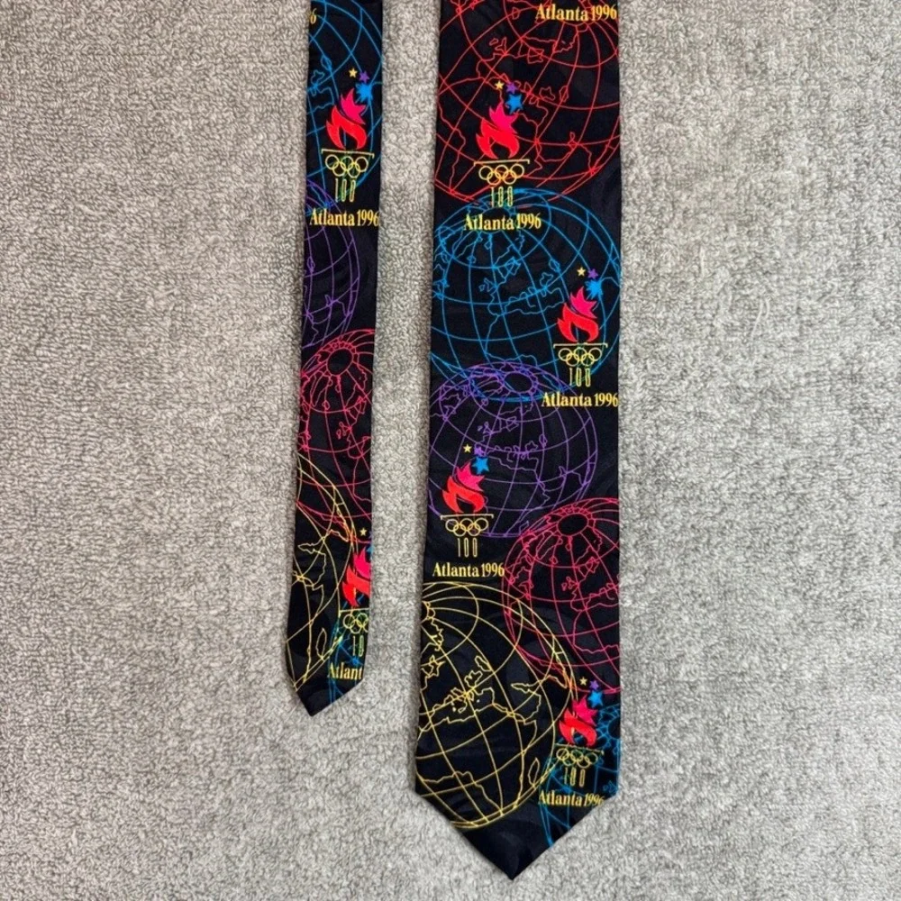 Vintage 1996 Atlanta Olympics Silk Tie RM Sport Black Globe Torch Logo USA Made